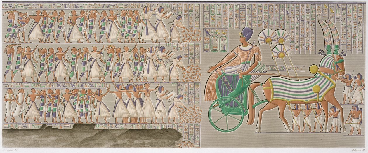 Barevné základní reliéfy z jižní galerie peristylu paláce, deska 12 ze svazku II „Popisů Egypta“, vyryl Antoine Phelippeaux (nar. 1767) 1822 (akvatinta) od Henri Joseph (after) Redoute