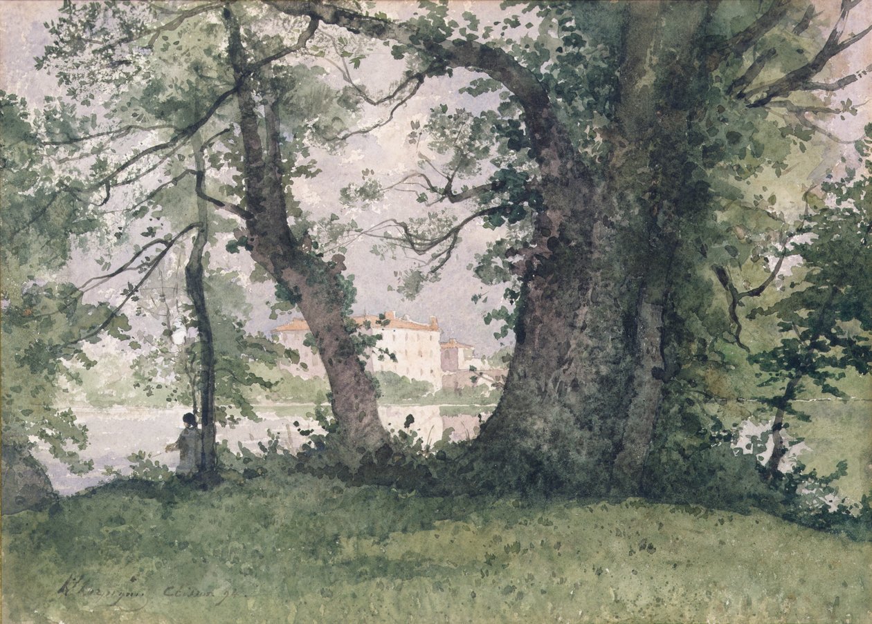 Rybář na břehu řeky, 1894 (wc na papíře) od Henri Joseph Harpignies