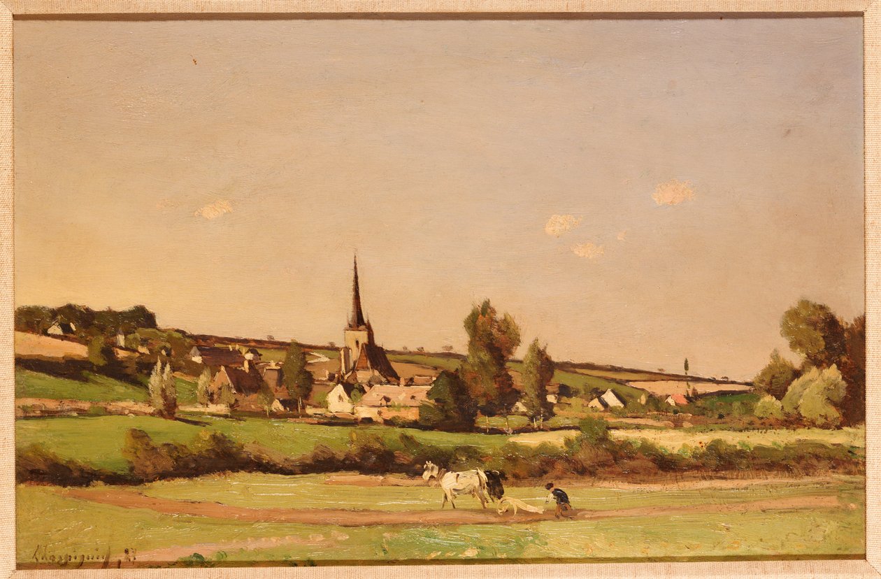 Rozsáhlá krajina s oráčem a vesnicí za nimi od Henri Joseph Harpignies