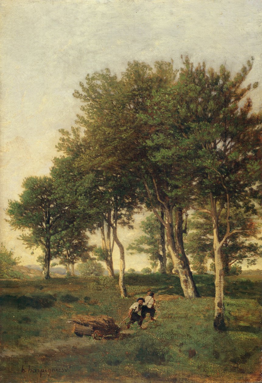 Krajina se dvěma chlapci nesoucími dříví, 1894 od Henri Joseph Harpignies