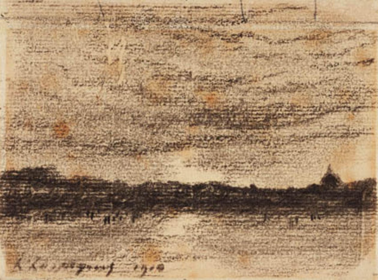 Krajina při západu slunce s výhledem na vodu směrem k městu od Henri Joseph Harpignies