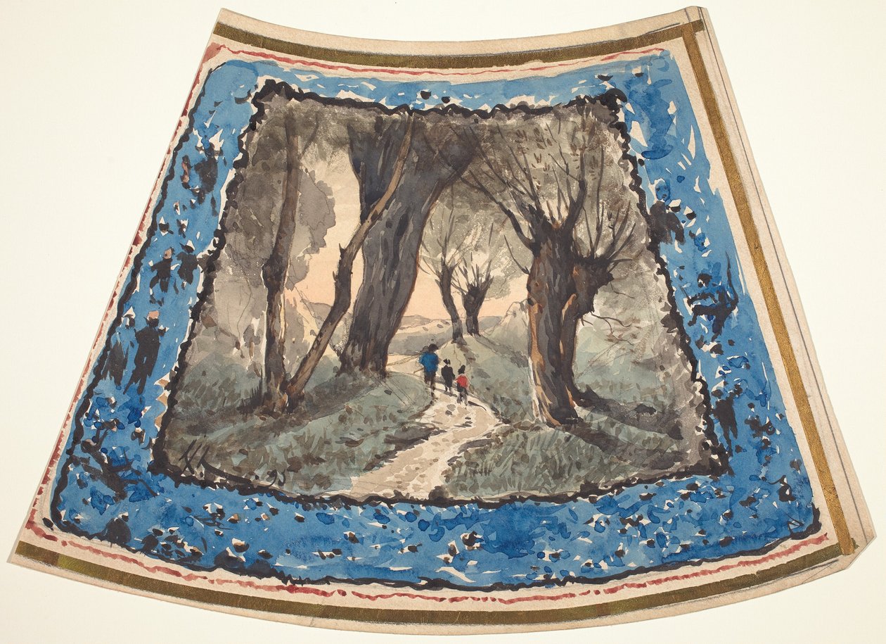 Cestovatelé na zalesněné cestě s hranicí rozmarných postav a opic od Henri Joseph Harpignies
