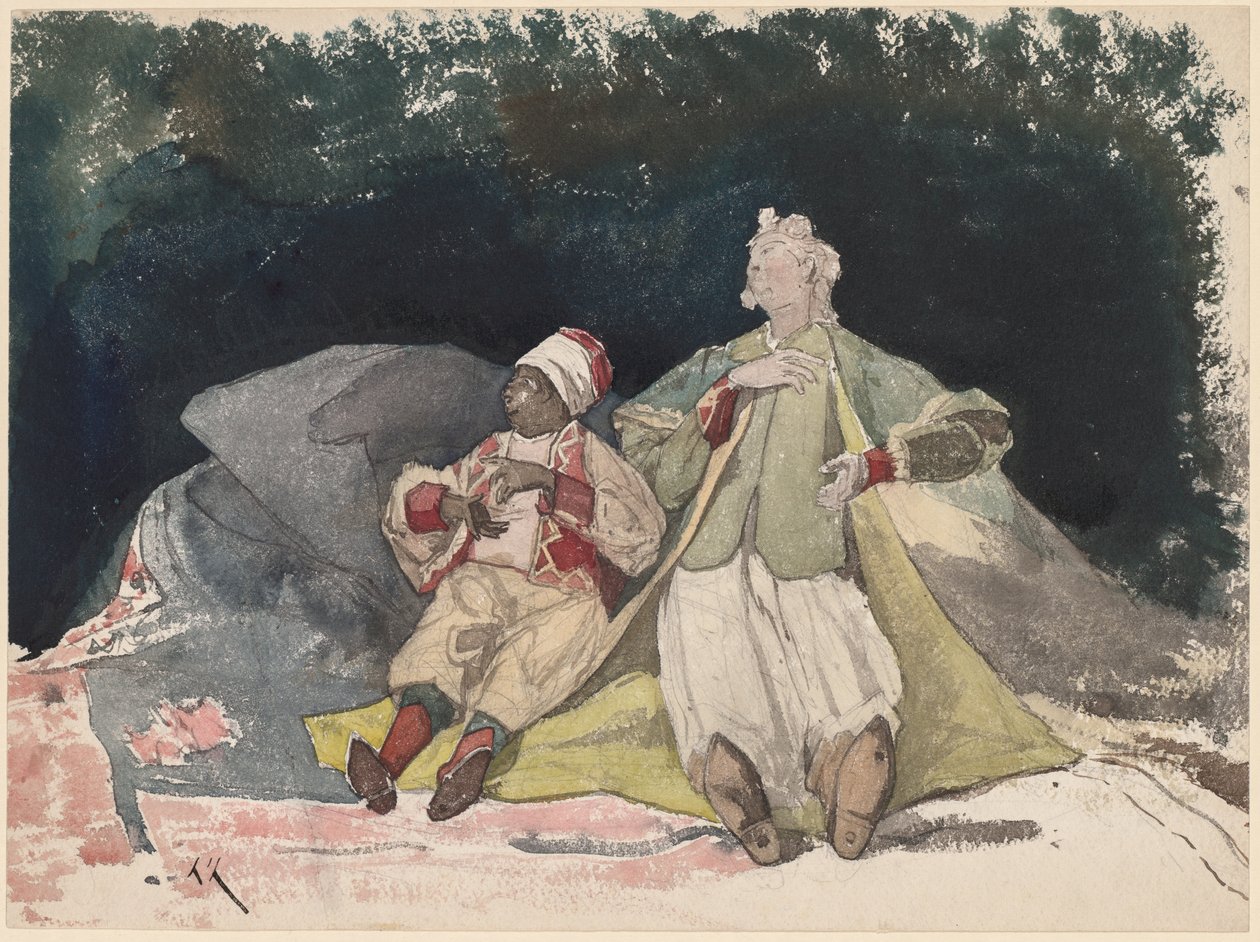 Dvě panenky nebo loutky sedící na polštářích od Henri Joseph Harpignies