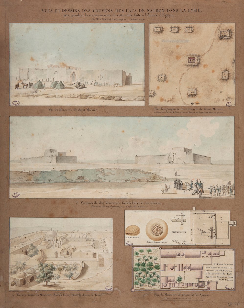 Šest pohledů a kreseb jezera Natron v Libyi, vytvořených během průzkumné mise egyptské armády vedené generálem Andreossym, 1799 (pero, inkoust a wc na papíře) od Pierre Joseph Redouté