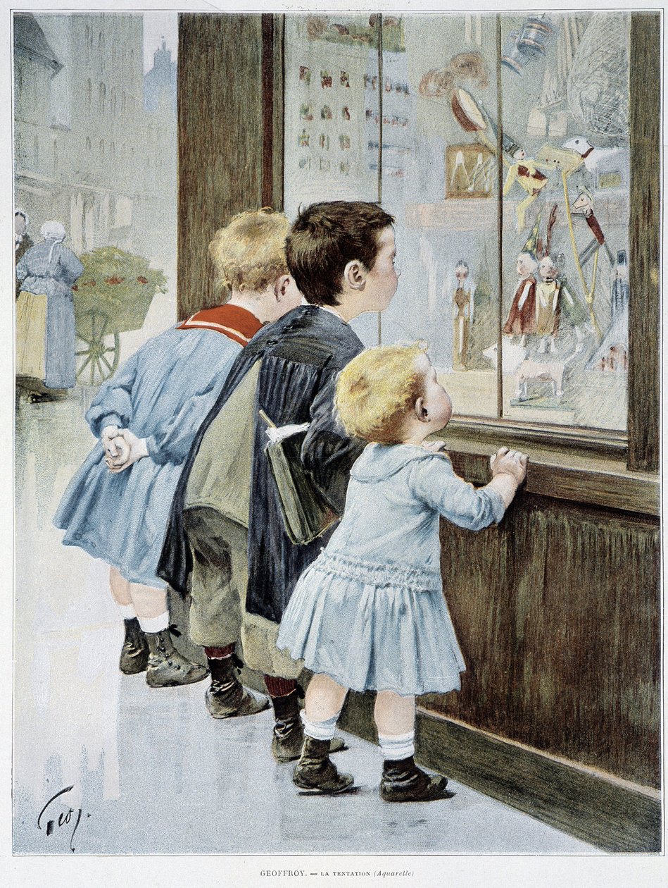 La Temptation: Děti před vitrínou při pohledu na hračky – nemocné. od Geoffroye, v „“ Figaro ilustrované“““ od Henri Jules Jean Geoffroy