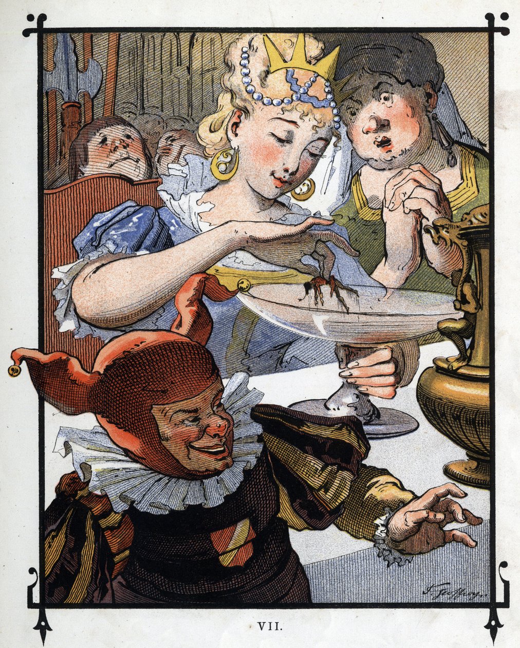 Lemuel Gulliver je přemalován z misky, do které spadl královnou z Brobdingnagu. Ilustrace pro „“ Gulliver