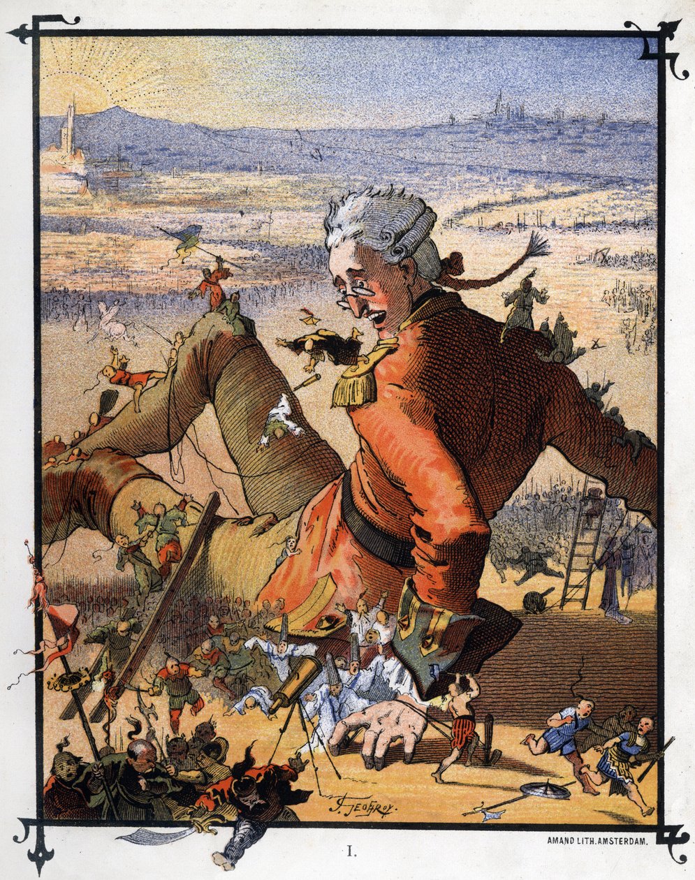Lemuel Gulliver je svázán Liluputány. Ilustrace pro „“ Gulliver