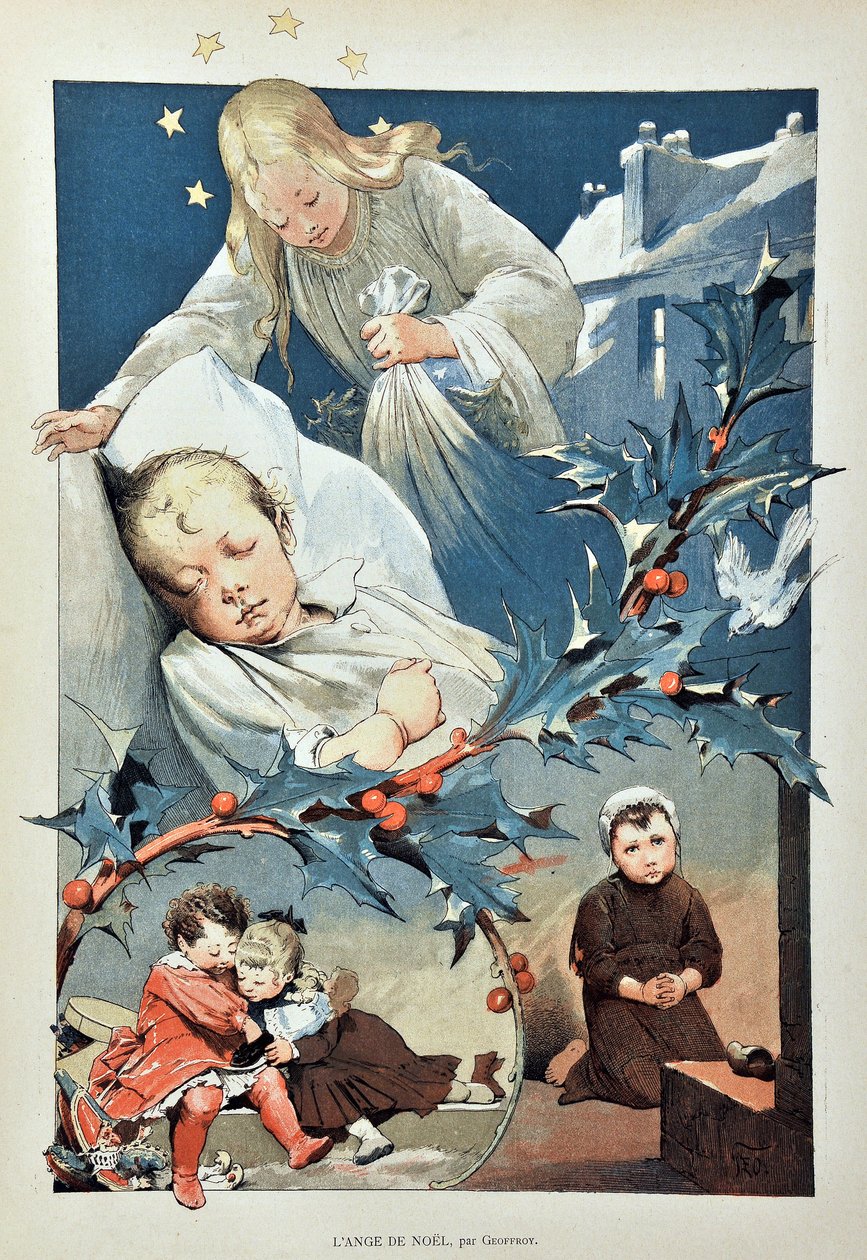 Anděl Vánoc. Ilustrace Jean GEOFFROY (1853-1924) Rytina z roku 1887 v týdeníku Paris-Illustrous. od Henri Jules Jean Geoffroy