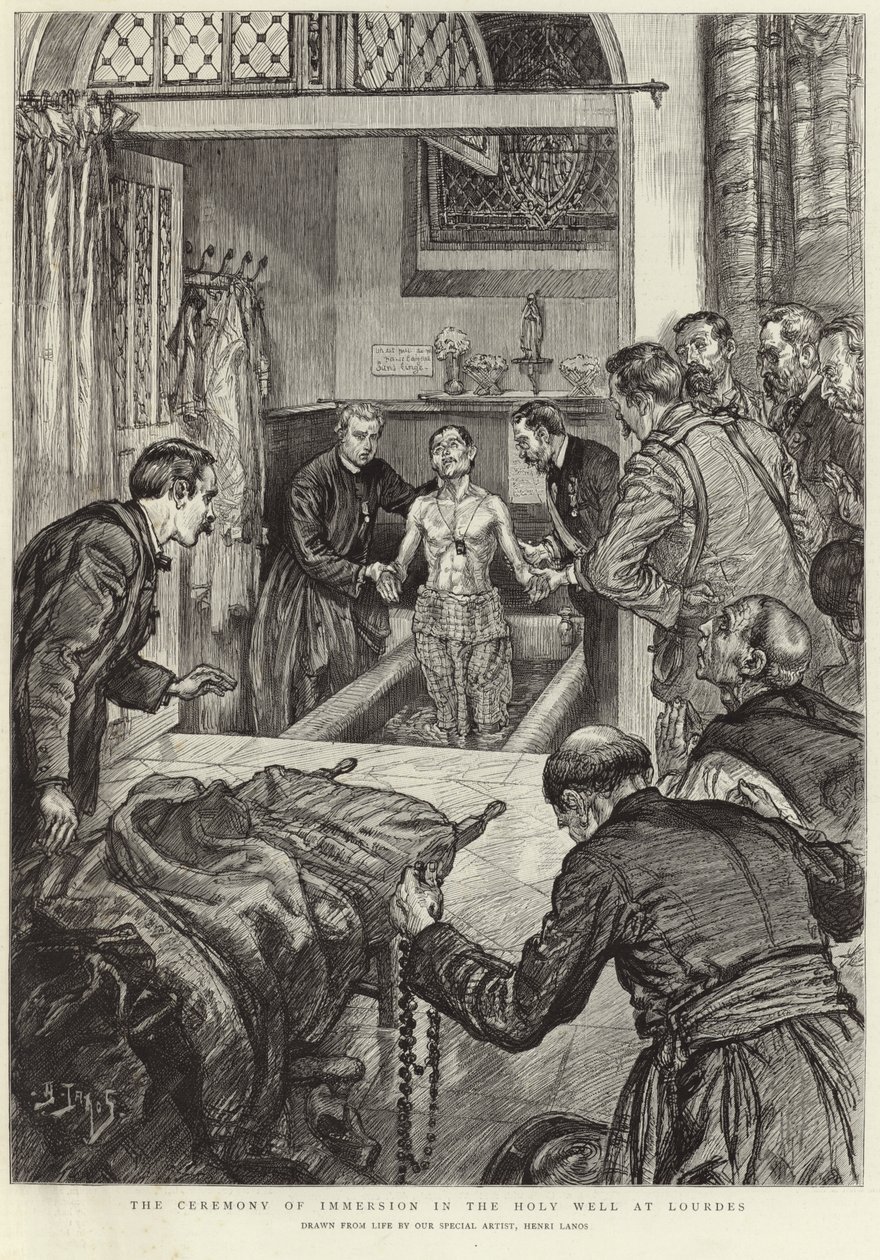 Obřad ponoření do Svaté studny v Lurdech (litografie) od Henri Lanos