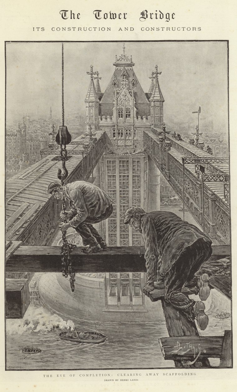 Tower Bridge, jeho stavba a stavitelé (litografie) od Henri Lanos