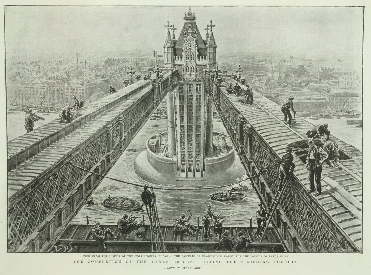 Dokončení Tower Bridge: dokončení, z The Graphic, 23. června 1894 (rytina) od Henri Lanos