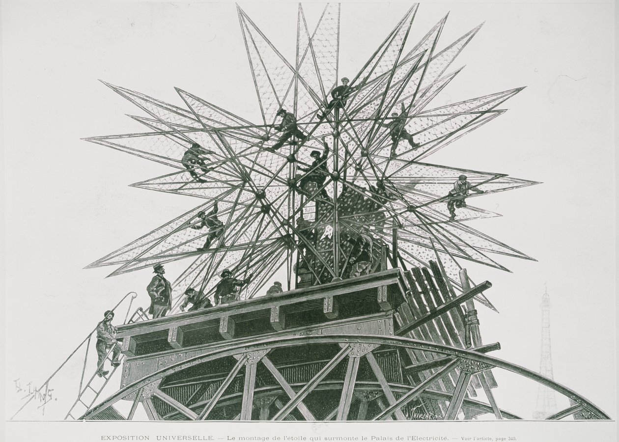 Univerzální expozice z roku 1900: Instalace hvězdy na vrcholu Paláce elektřiny (rytina) od Henri Lanos
