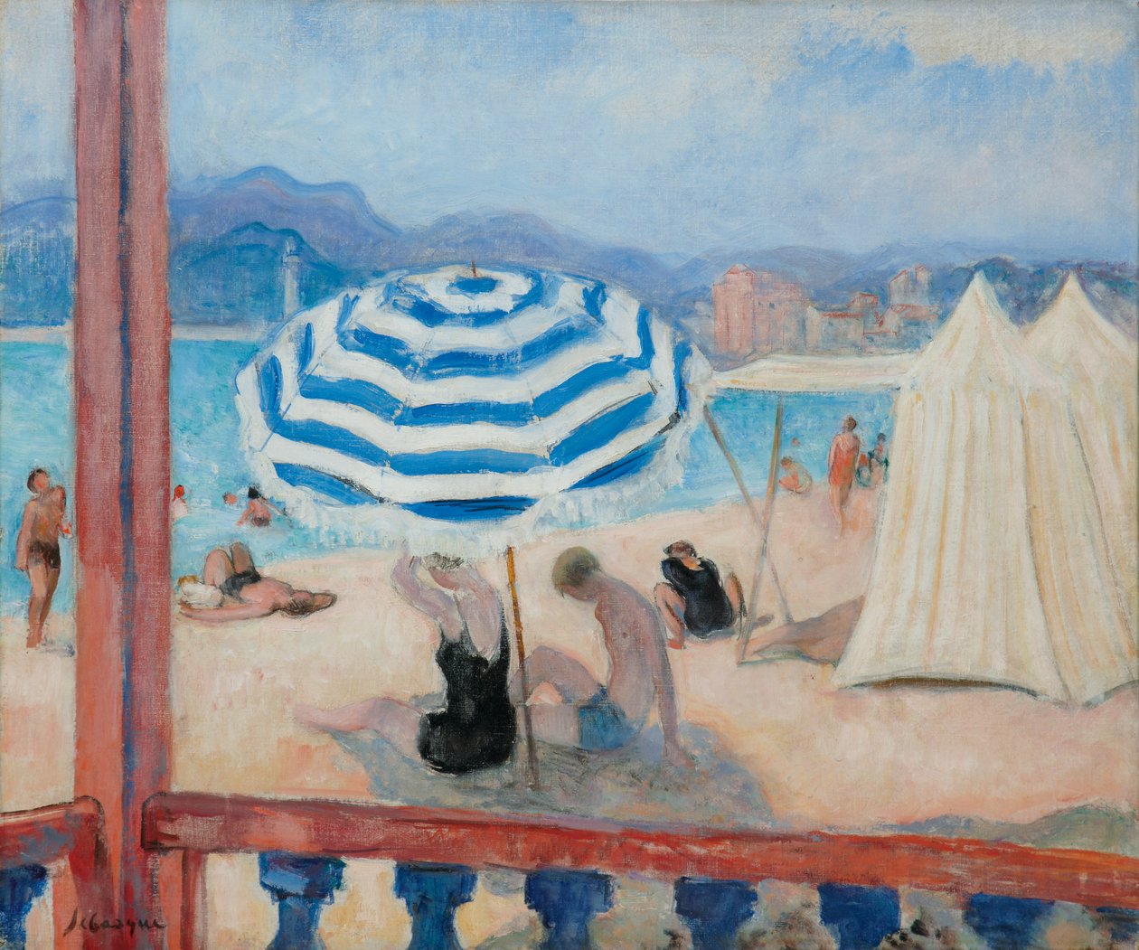 Hůlky, modrý slunečník a stany; Hůlky, modrý slunečník a stany, od Henri Lebasque