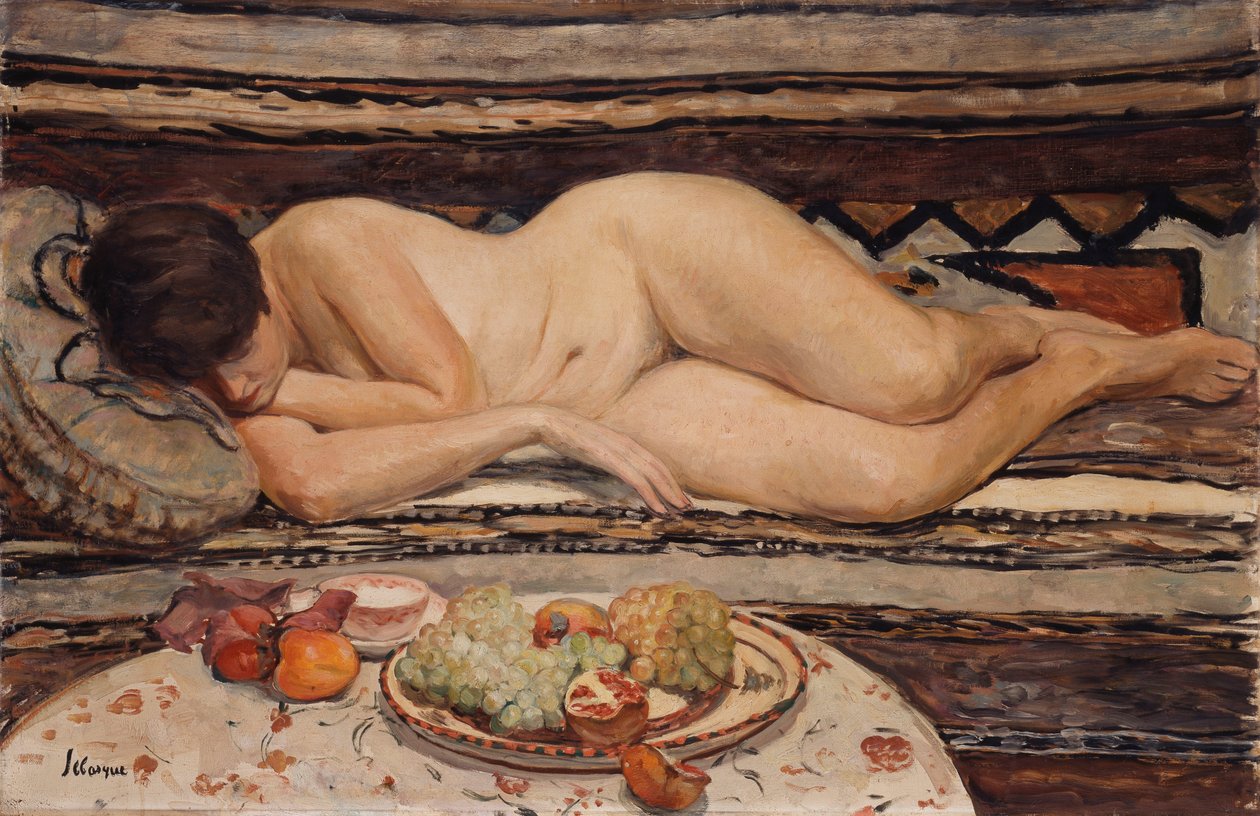 Nahá s miskou ovoce, od Henri Lebasque