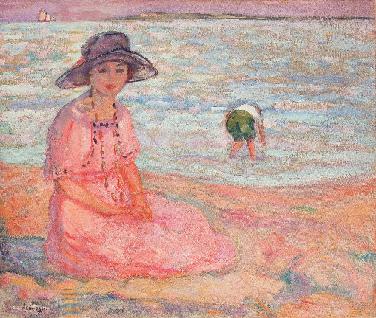 Žena v růžových šatech u moře; Femme a la Robe Rose au bord de la Mer, kolem roku 1920 od Henri Lebasque