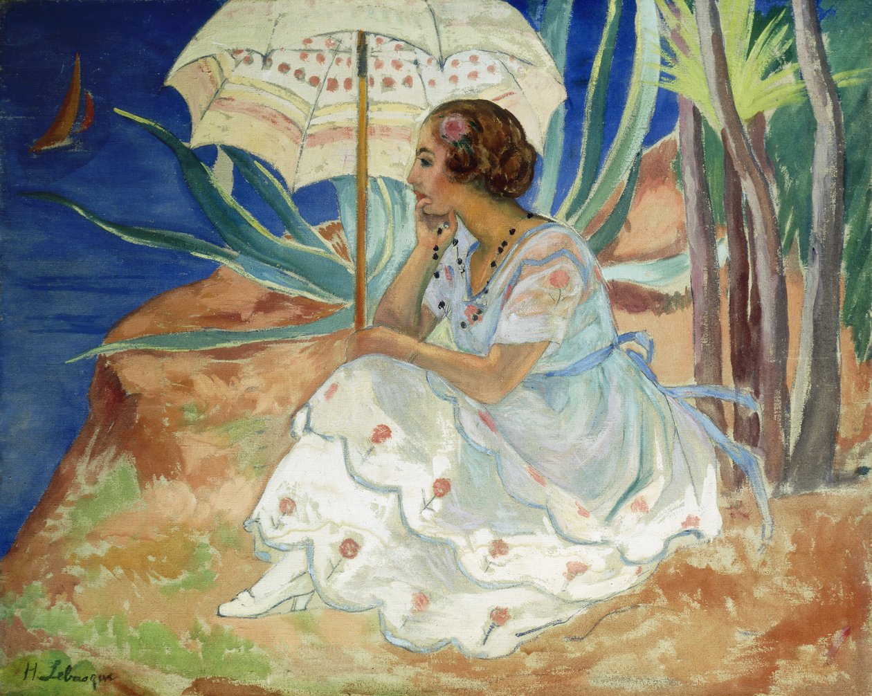 Mladá žena s deštníkem, Saint Maxime; Mladá dívka se slunečníkem Saint-Maxime, kolem roku 1918 od Henri Lebasque