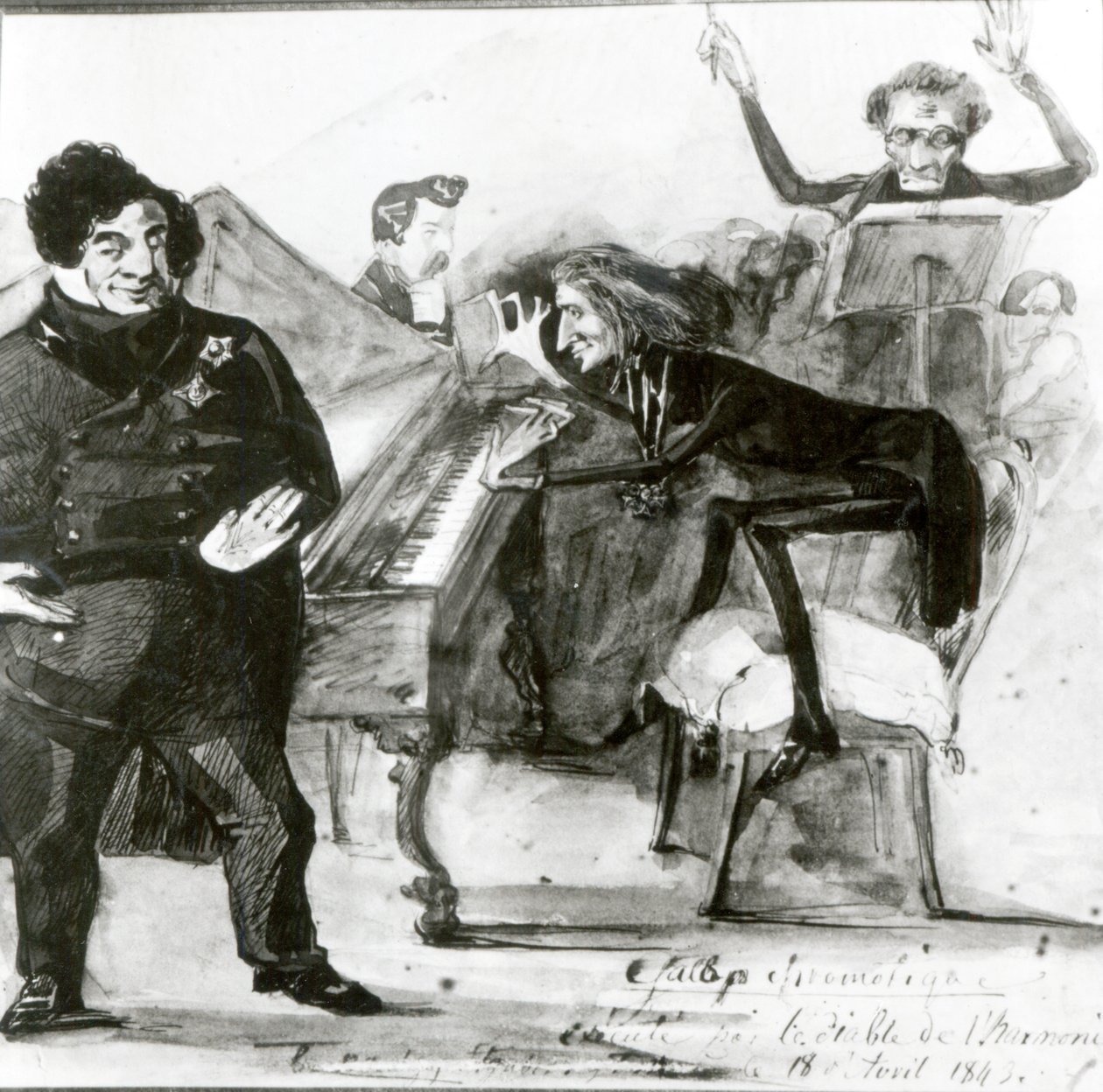 Galop Chromatique Karikatura Luigiho Lablache, Franz Liszt (1811-86) u klavíru a Francois Habeneck od Henri Lehmann