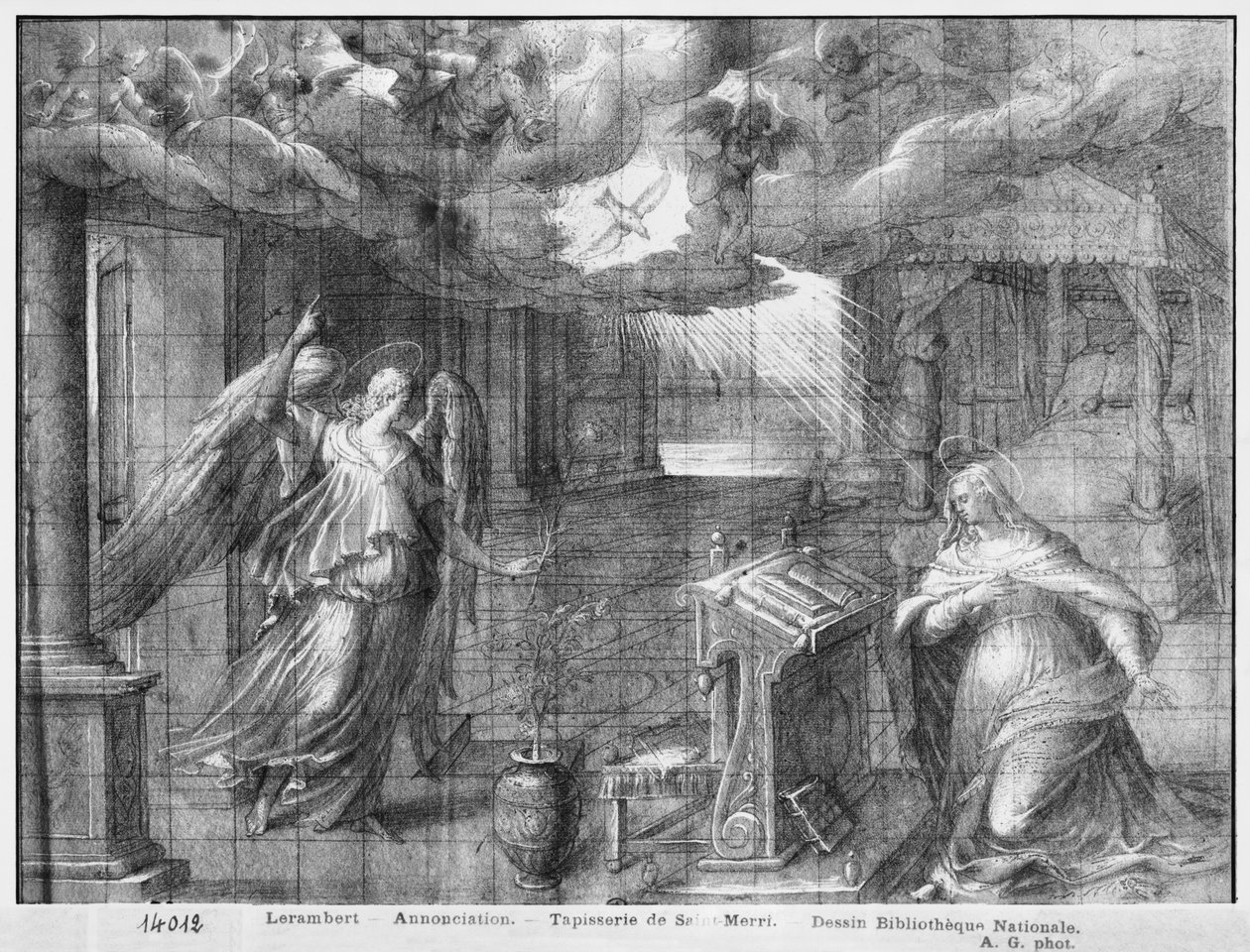 Život Krista, Zvěstování, přípravné studium kreslené tapisérie pro kostel Saint-Merri v Paříži, kolem 1585-90 (pierre noire und wash a bílé zvýraznění na papíře) od Henri Lerambert