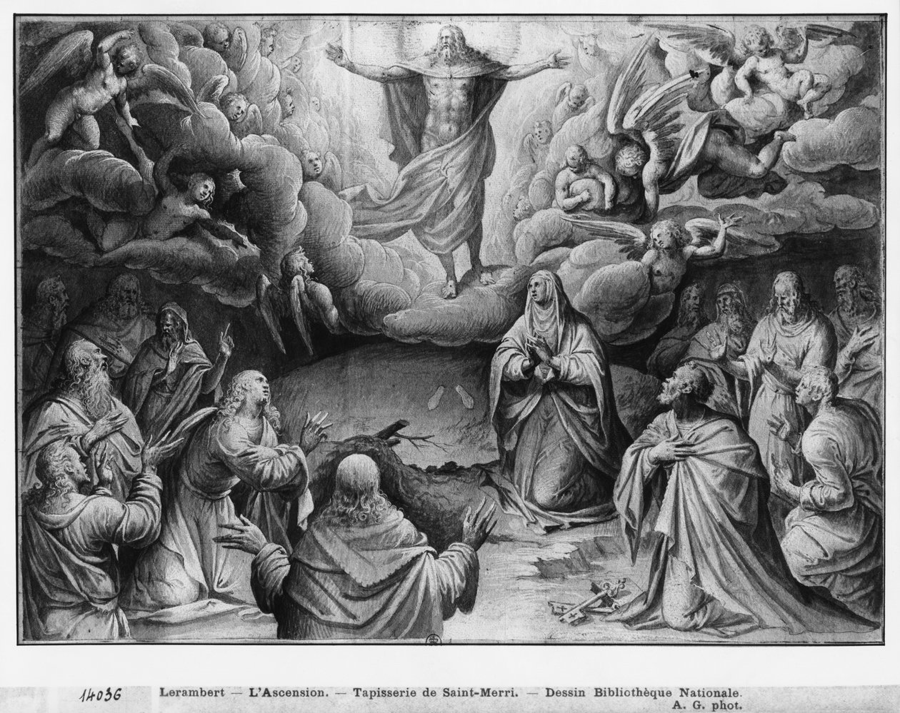 Život Krista, Nanebevstoupení, přípravná studie kreslených gobelínů pro kostel Saint-Merri v Paříži, kolem 1585-90 (pierre noire und wash a bílé zvýraznění na papíře) od Henri Lerambert