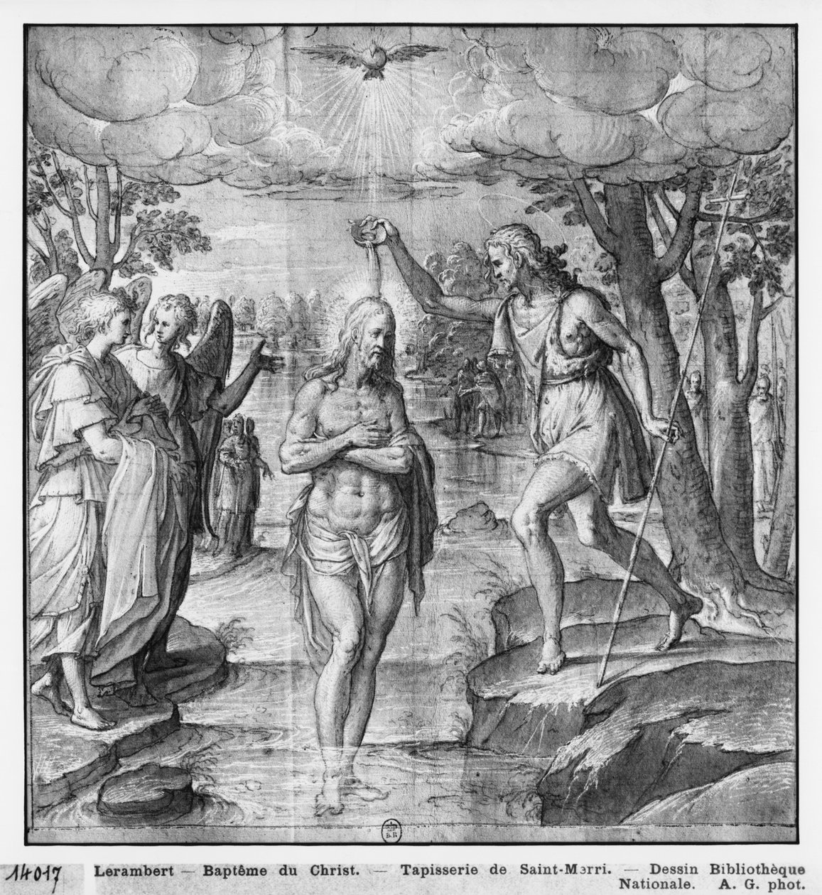 Život Krista, křest Krista, přípravné studium kresleného gobelínového filmu pro kostel Saint-Merri v Paříži, kolem 1585-90 (pierre noire und wash a bílé zvýraznění na papíře) od Henri Lerambert