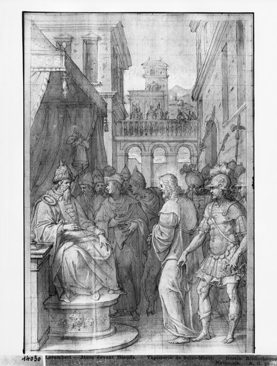 Život Krista, Kristus před Herodem, přípravná studie kreslené tapisérie pro kostel Saint-Merri v Paříži, kolem 1585-90 (pierre noire und wash a bílé zvýraznění na papíře) od Henri Lerambert