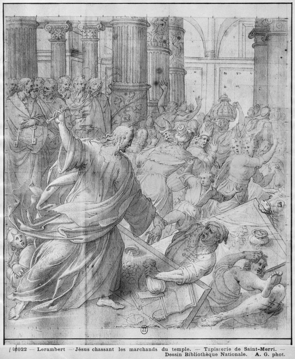Život Krista, Ježíš pronásledující obchodníky z chrámu, přípravná studie kreslené tapisérie pro kostel Saint-Merri v Paříži, kolem 1585-90 (pierre noire und wash a bílé zvýraznění na papíře) od Henri Lerambert