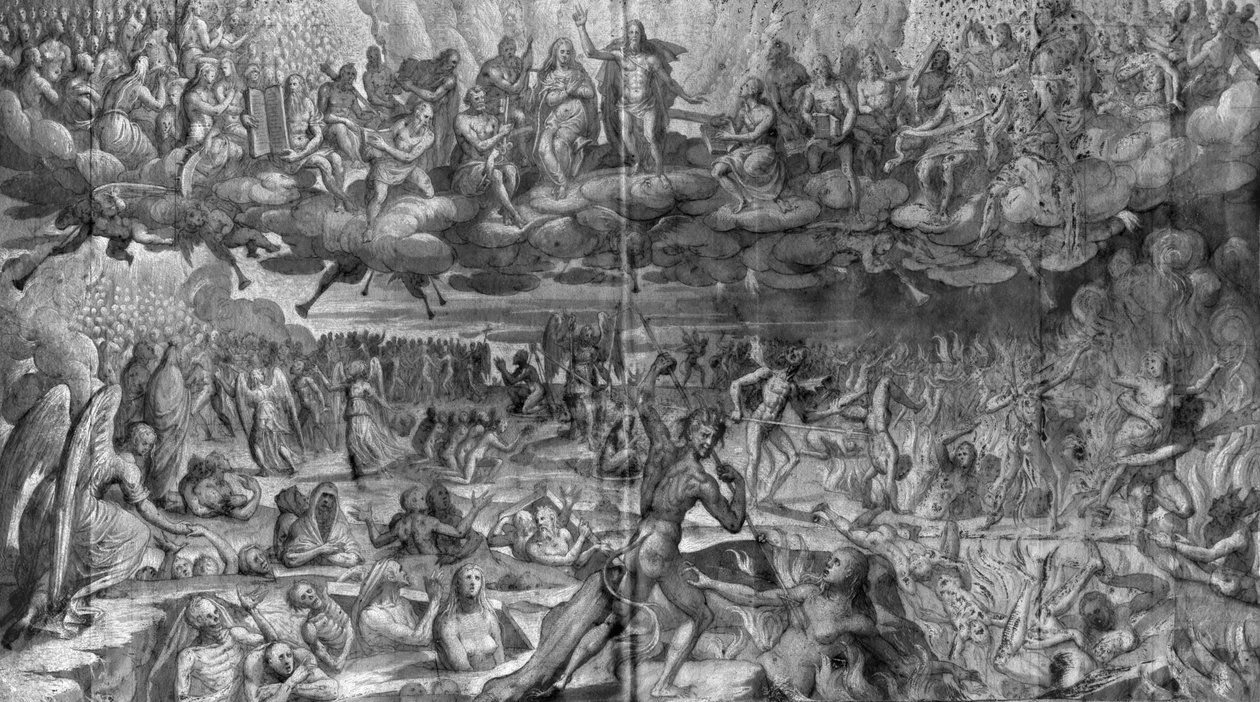 Život Krista, Poslední soud, přípravná studie kresleného gobelínového filmu pro kostel Saint-Merri v Paříži, kolem 1585-90 (pierre noire und wash a bílé zvýraznění na papíře) od Henri Lerambert