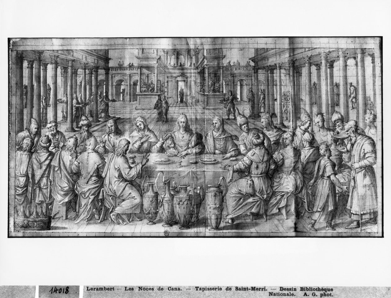 Život Kristův, svatba v Káně, přípravná studie tapiserie pro kostel Saint-Merri v Paříži, asi 1585-90 (pierre noire, wash a bílé melíry na papíře) od Henri Lerambert