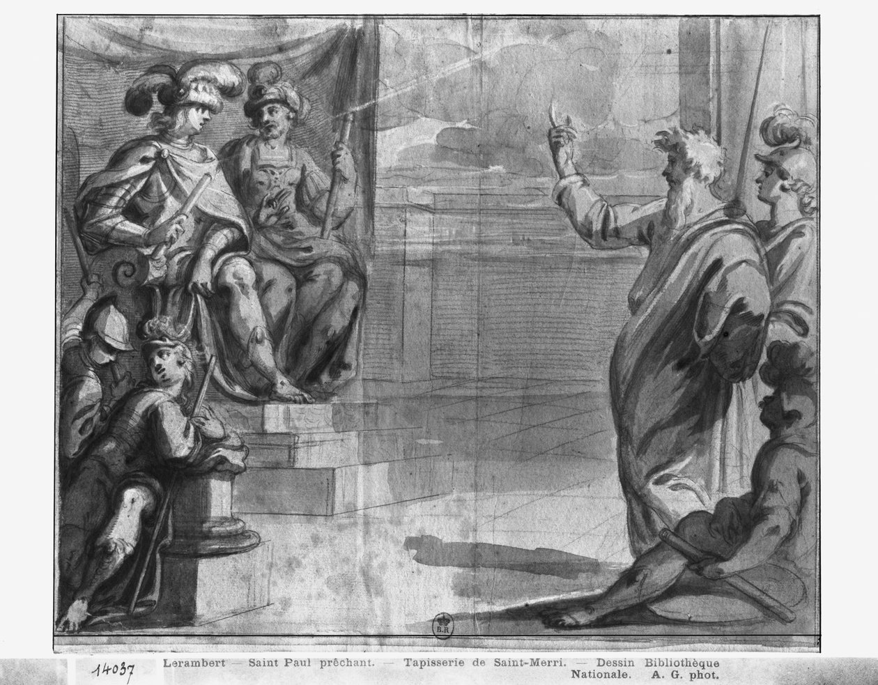 Život Krista, kázání sv. Pavla, přípravné studium kreslené tapisérie pro kostel Saint-Merri v Paříži, kolem 1585-90 (pierre noire und wash a bílé zvýraznění na papíře) od Henri Lerambert