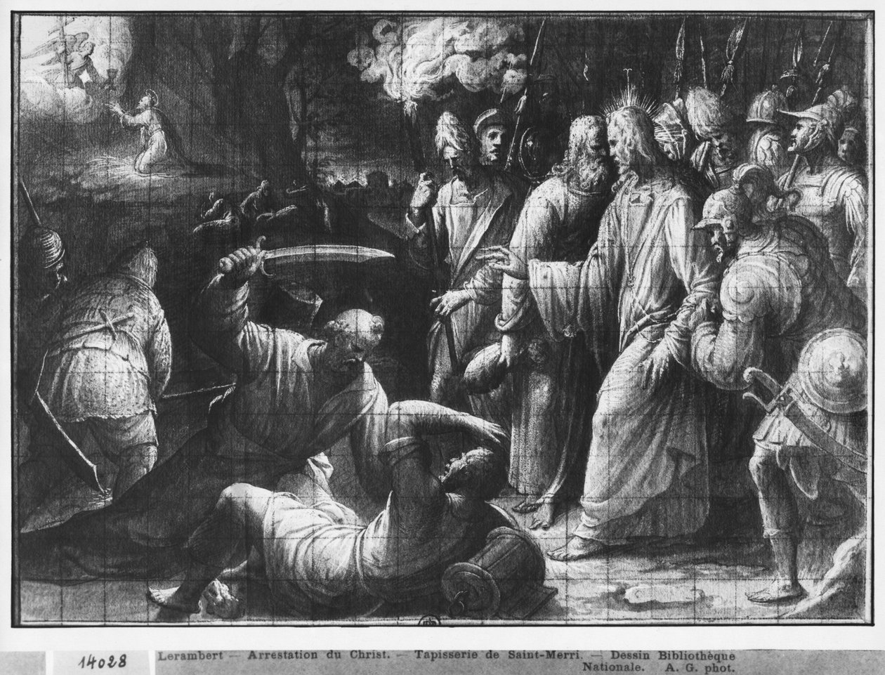 Život Krista, zatčení Krista, přípravná studie kresleného gobelínového filmu pro kostel Saint-Merri v Paříži, kolem 1585-90 (pierre noire und wash a bílé zvýraznění na papíře) od Henri Lerambert