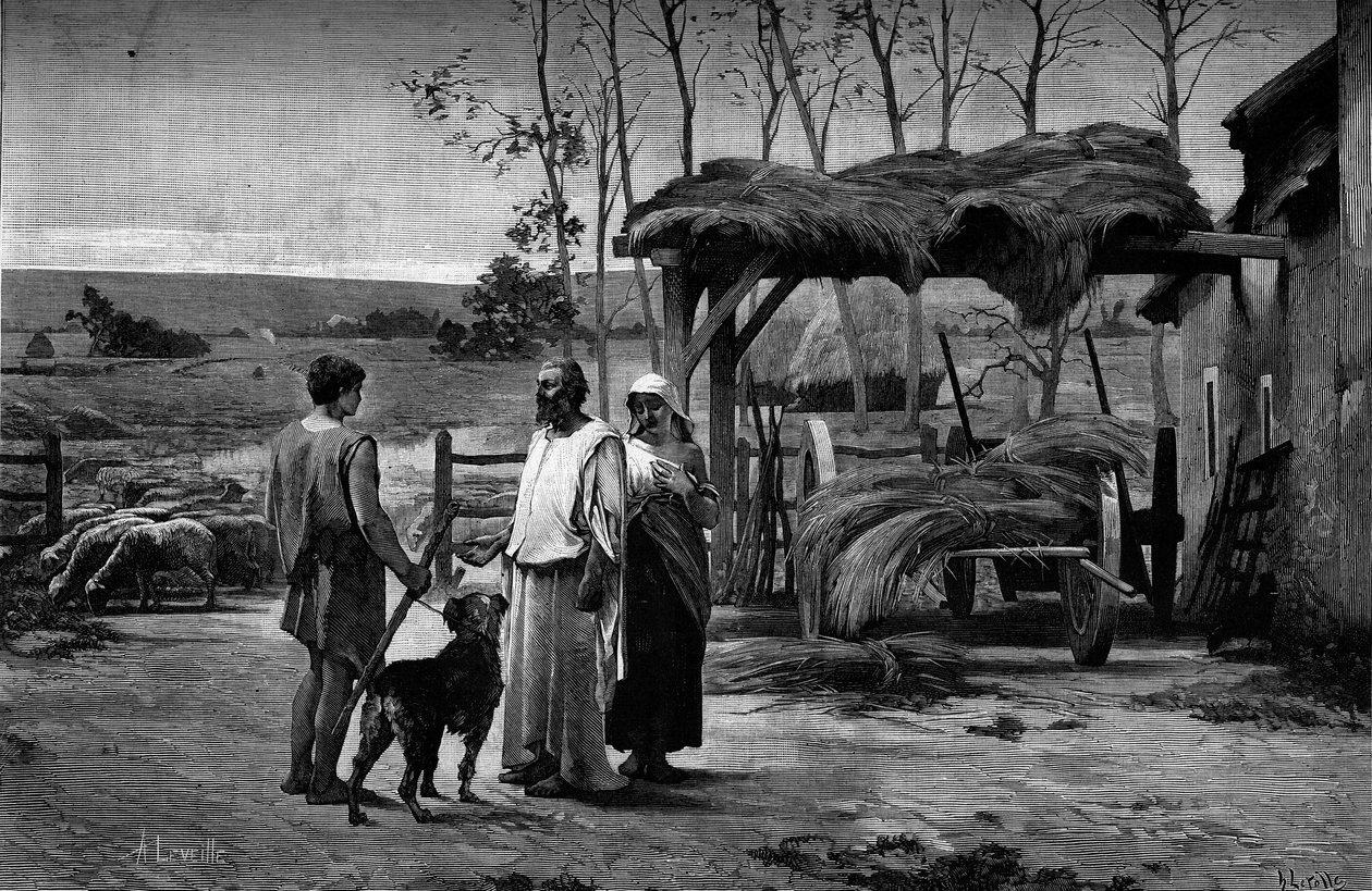 Biblická scéna: „Jakub u Lábanu“. Rytina podle obrazu Henry Lerolle Henry (1848-1929). V „The Illustrous World““ č. 1192 z 31. ledna od Henri Lerolle