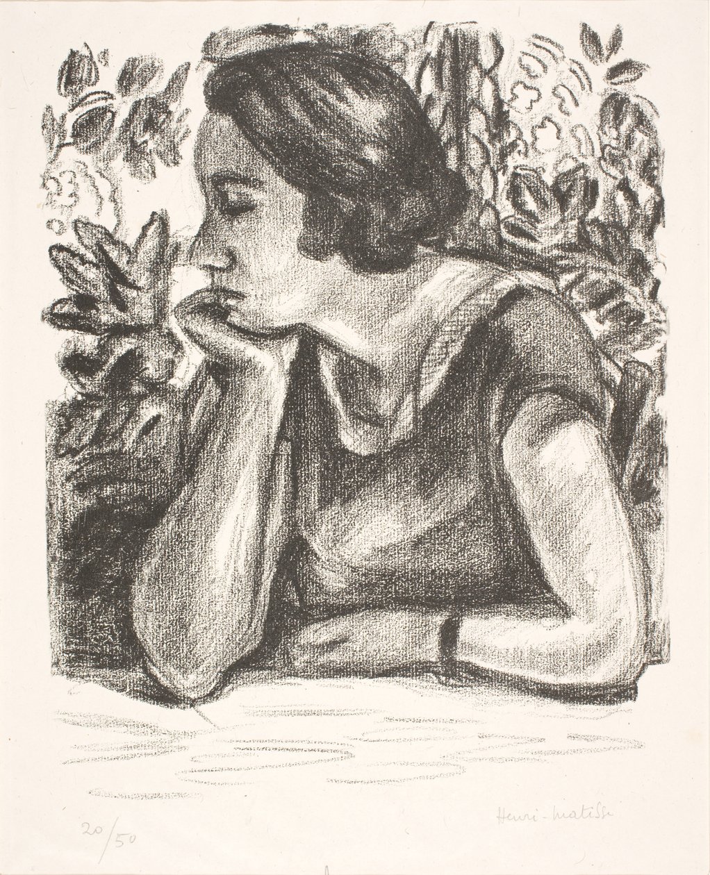 Portrét ženy zepředu s bradou opřenou o pravou ruku od Henri Matisse