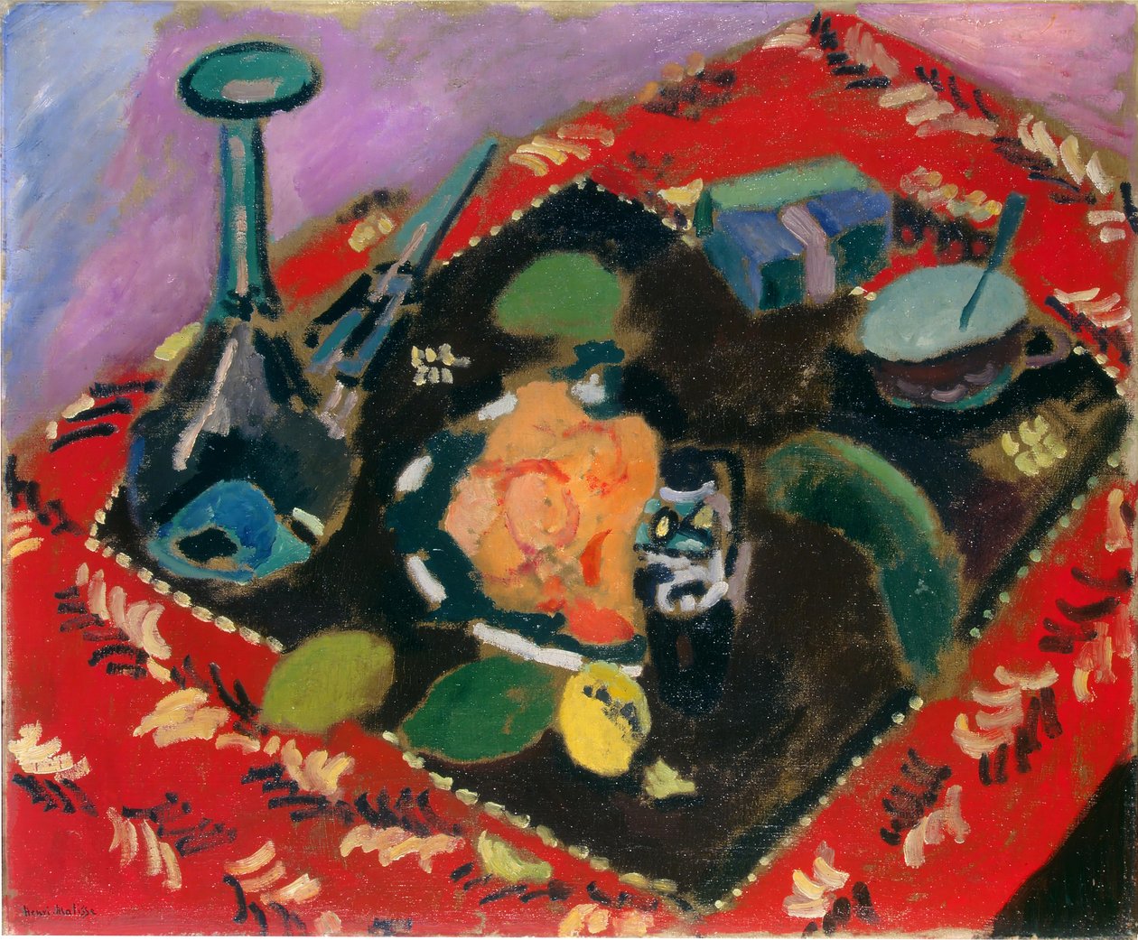 Pokrmy a ovoce na červenočerném koberci (Le Tapis Rouge) od Henri Matisse