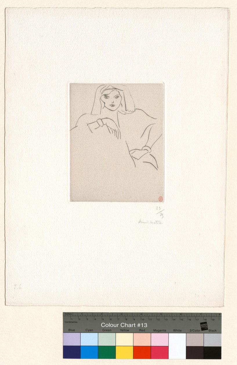 Mladá žena opřená o stůl, s šátkem na hlavě od Henri Matisse