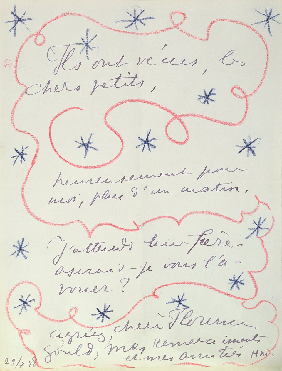 Dopis malíře Florence Gouldové (nar. 1895), 29. července 1948 (pero a pastelka na papíře) od Henri Matisse