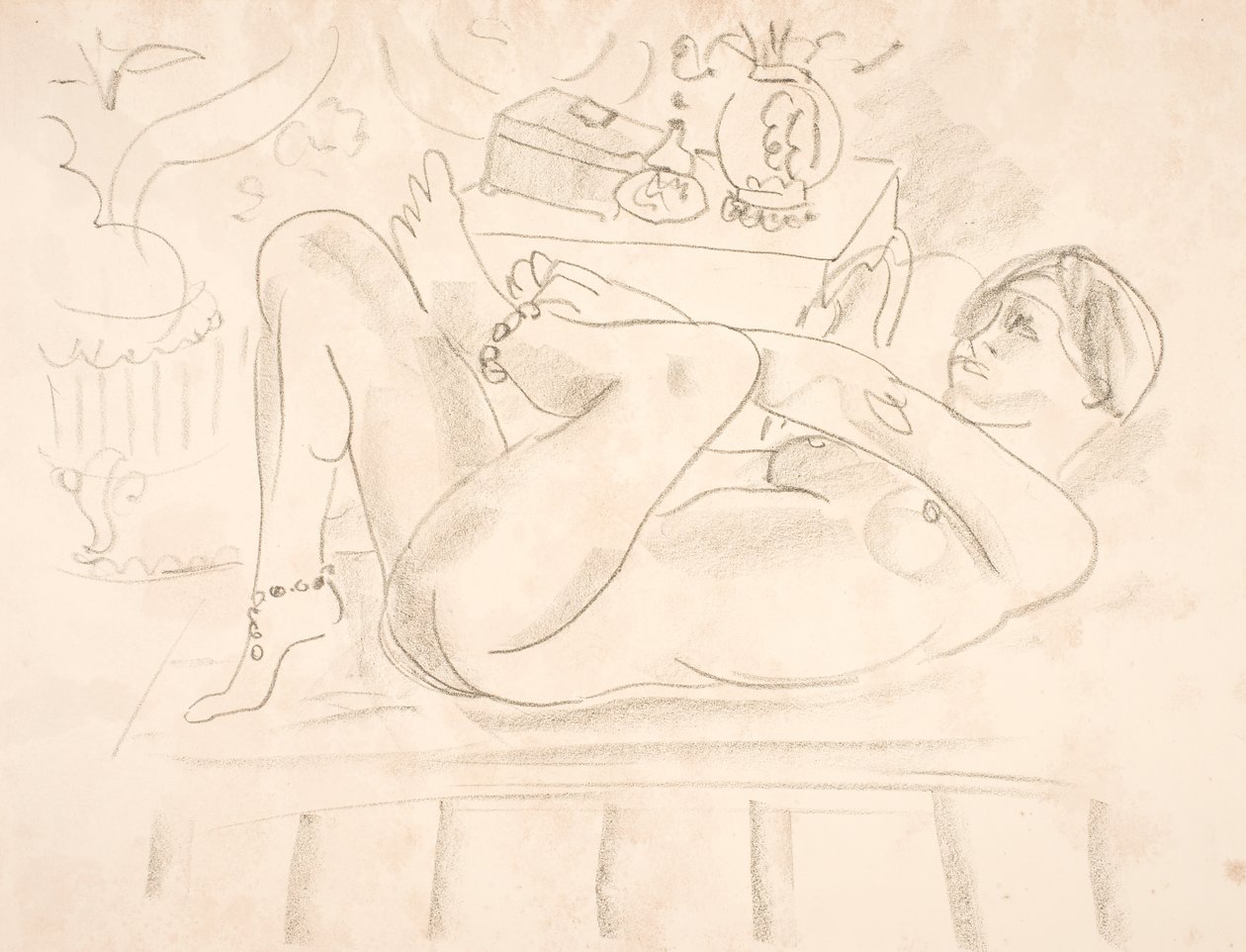 Nahá žena ležící na zádech s perlovými náhrdelníky kolem kotníků (odaliska) od Henri Matisse