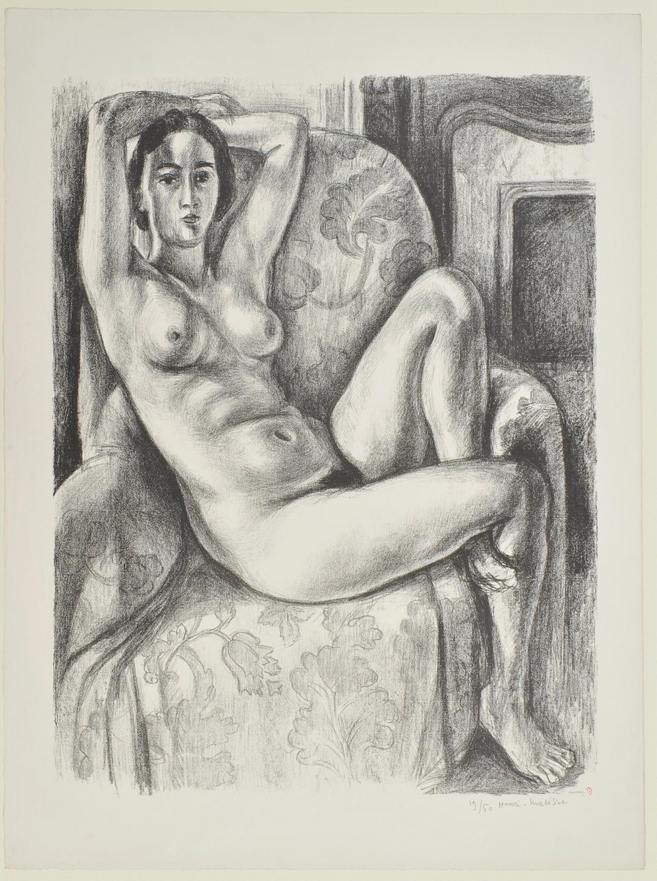 Akt s modrým polštářem vedle krbu od Henri Matisse