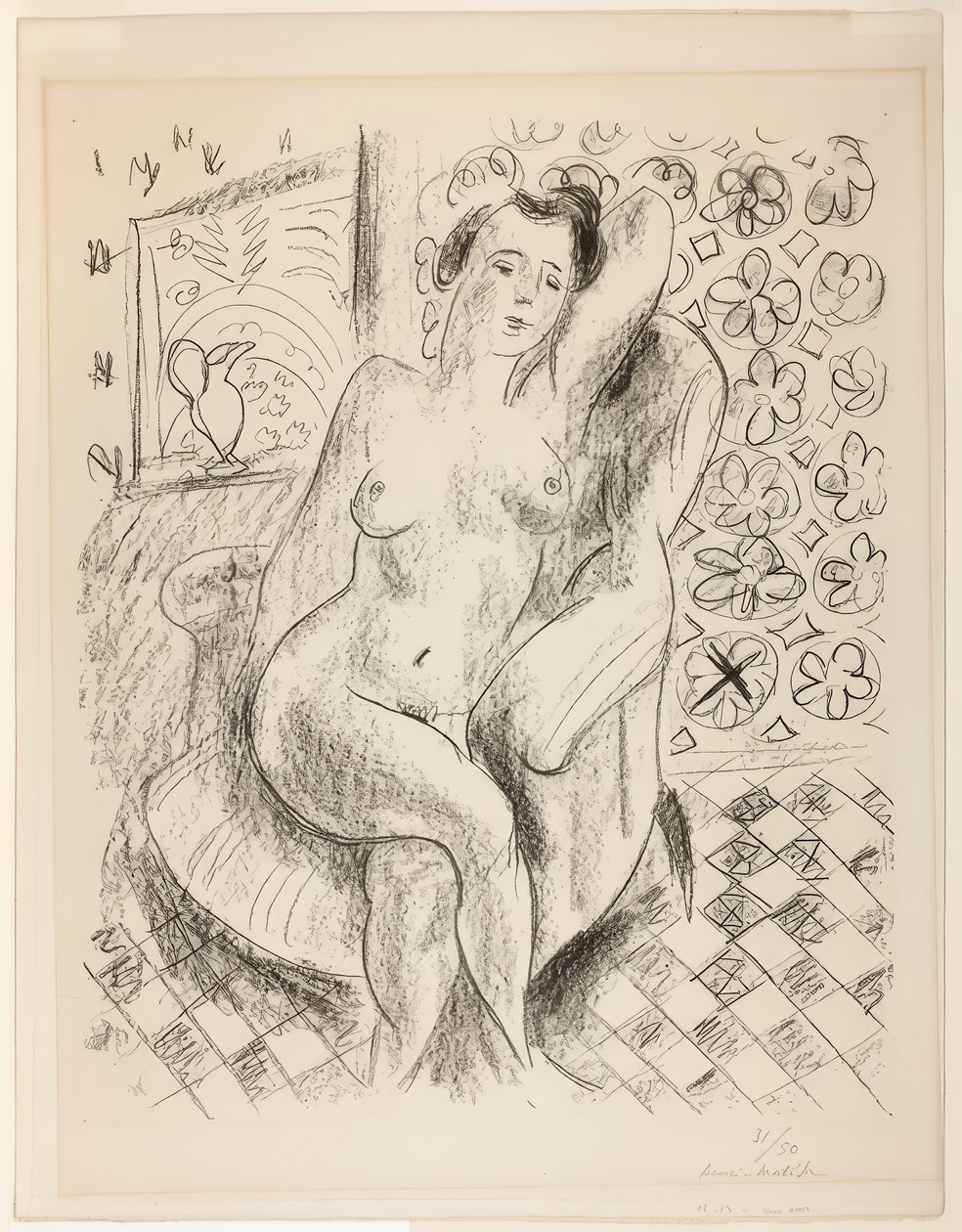 Akt v křesle s pozadím z maškarního plátna od Henri Matisse