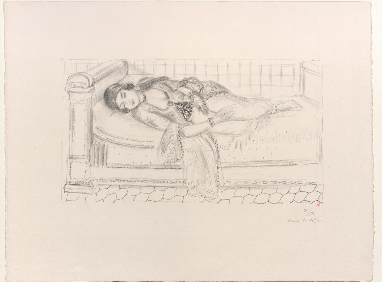 Orientální žena na lehátku, podlaha z červených dlaždic od Henri Matisse