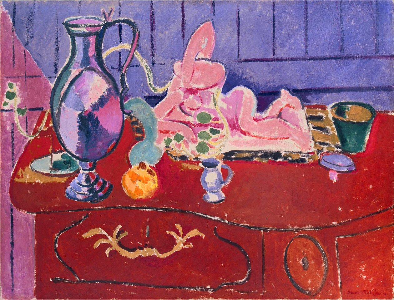 Růžová soška a džbán na červené komodě od Henri Matisse