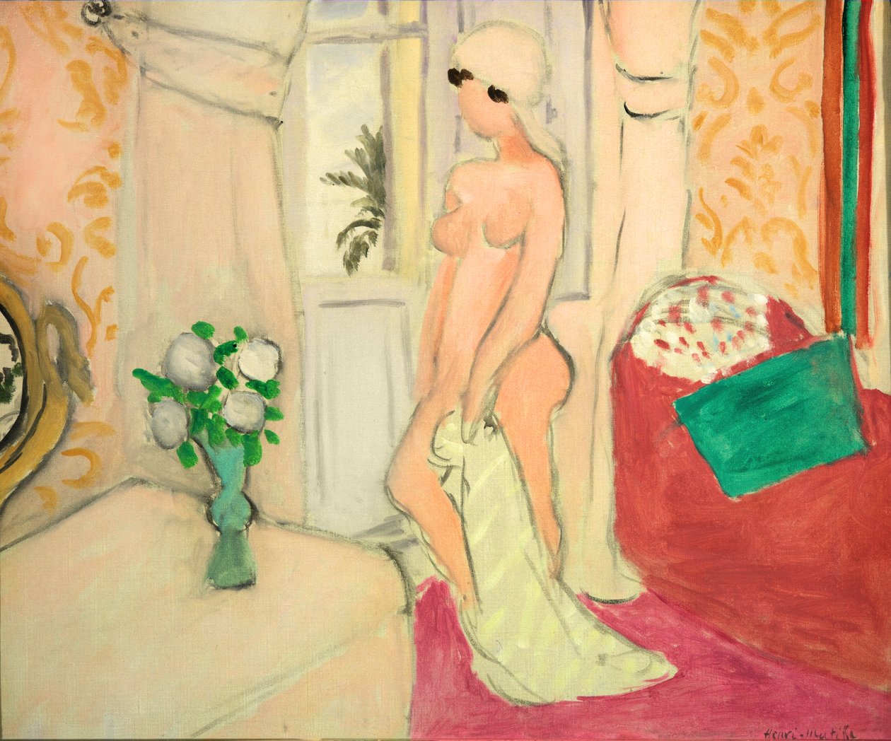 Růžový akt aneb Mladá dívka s vázou květin, asi 1920 (olej na plátně) od Henri Matisse