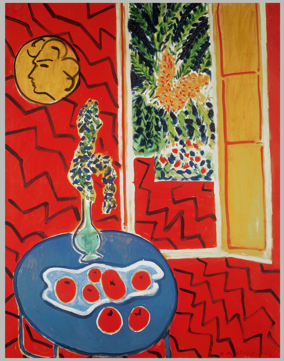 Červený interiér: Zátiší na modrém stole od Henri Matisse