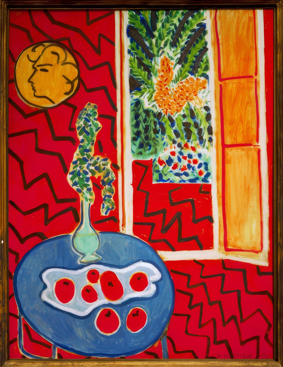 Červený interiér, zátiší na modrém stole od Henri Matisse