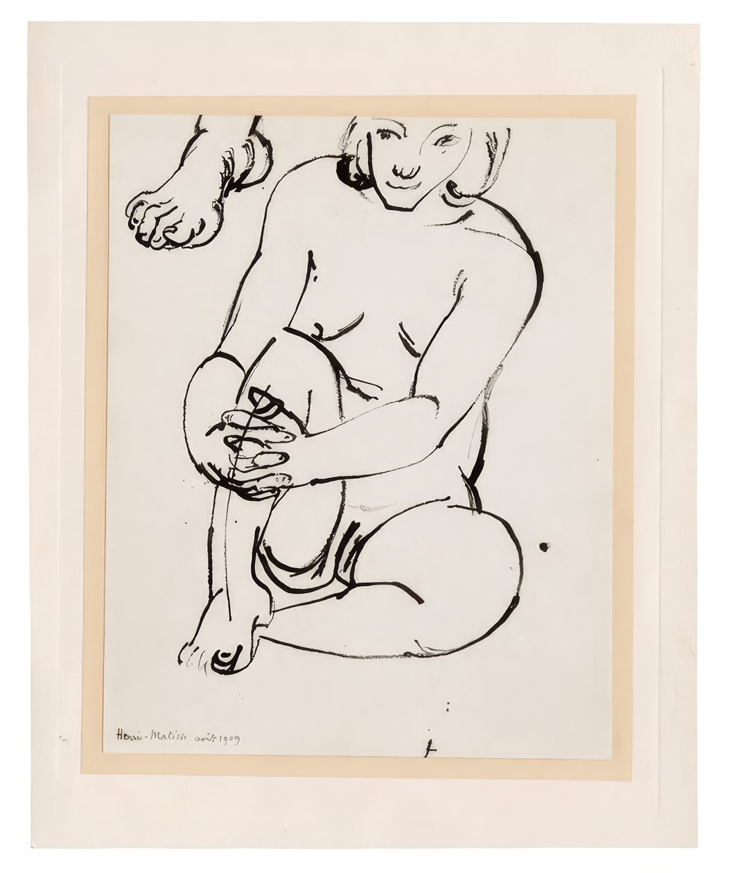 Sedící ženský akt, držící se za jedno koleno, s nákresem nohy od Henri Matisse