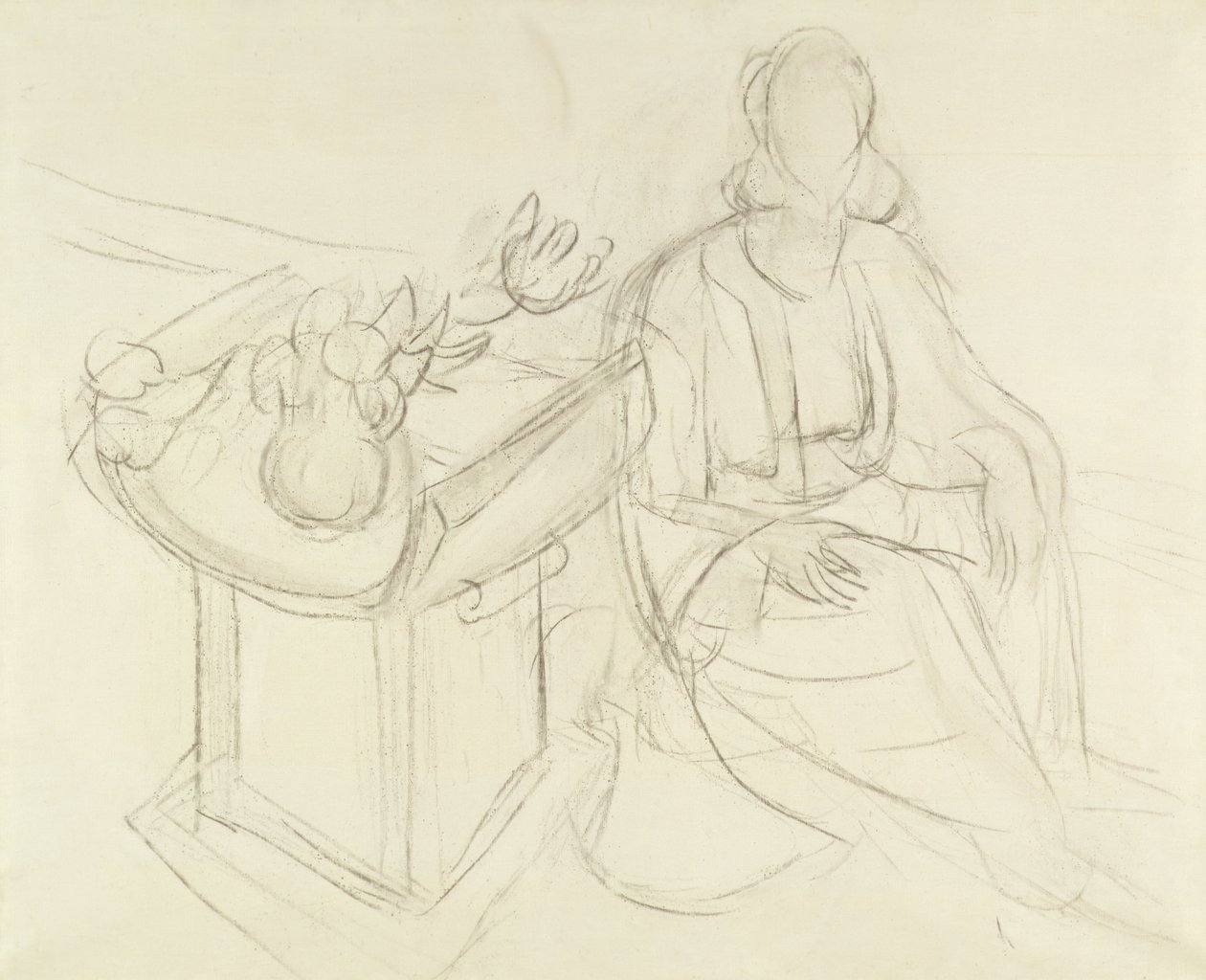 Sedící žena - zátiší s květinami na stole (uhel na plátně) od Henri Matisse