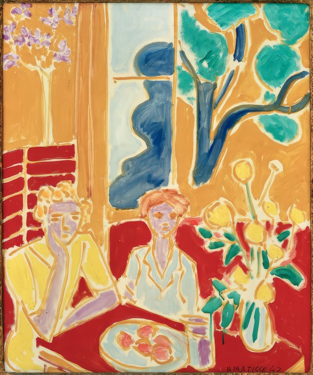 Dvě mladé dívky na žlutém a červeném pozadí od Henri Matisse