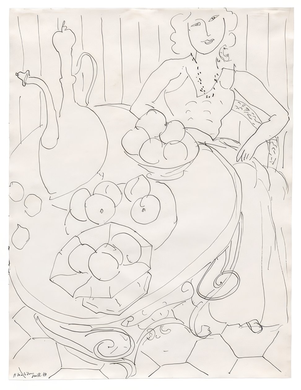 Žena sedící u stolu s ovocem a džbánem od Henri Matisse