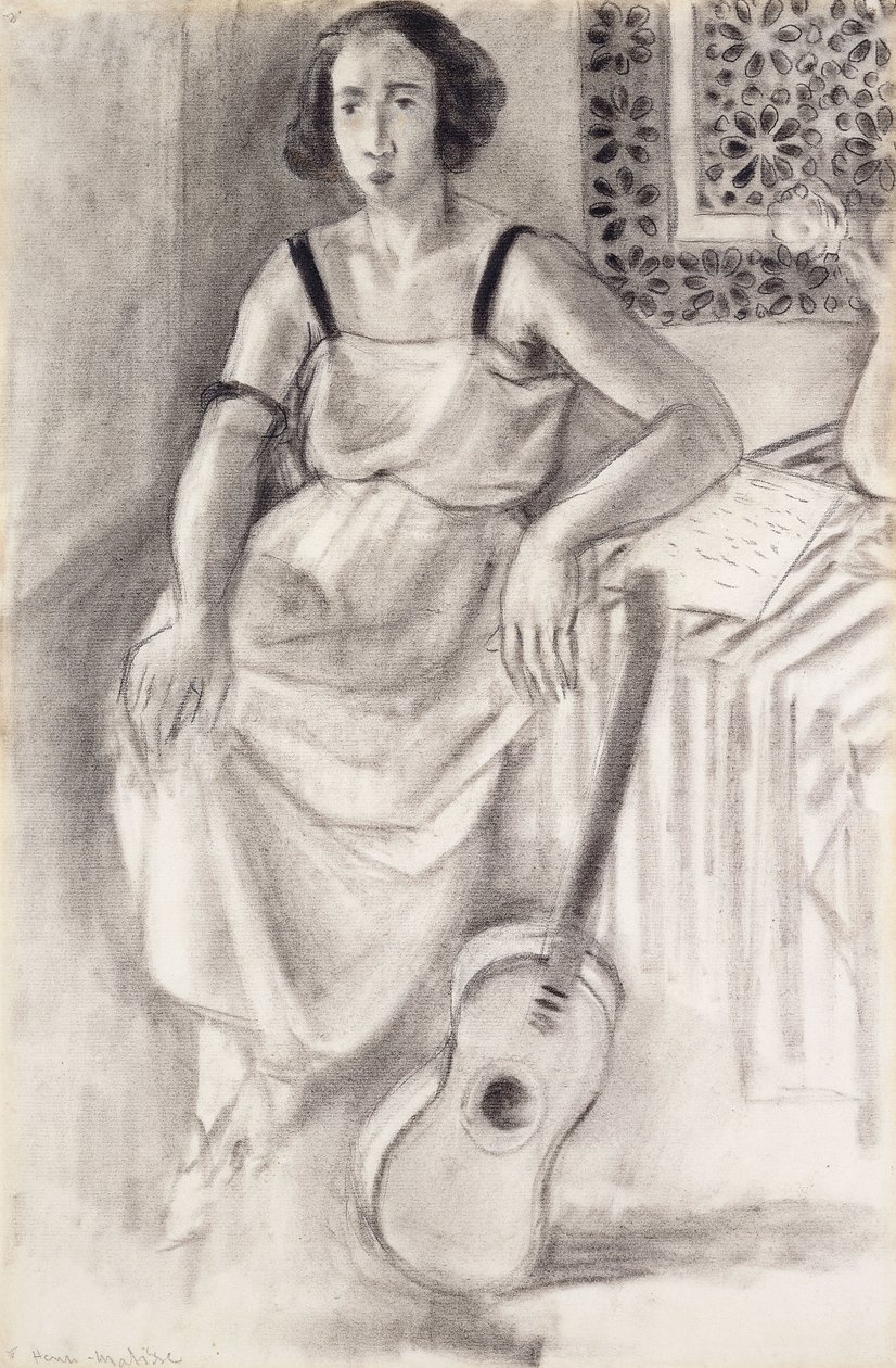 Žena sedící s kytarou, asi 1921-23 (uhel na papíře) od Henri Matisse