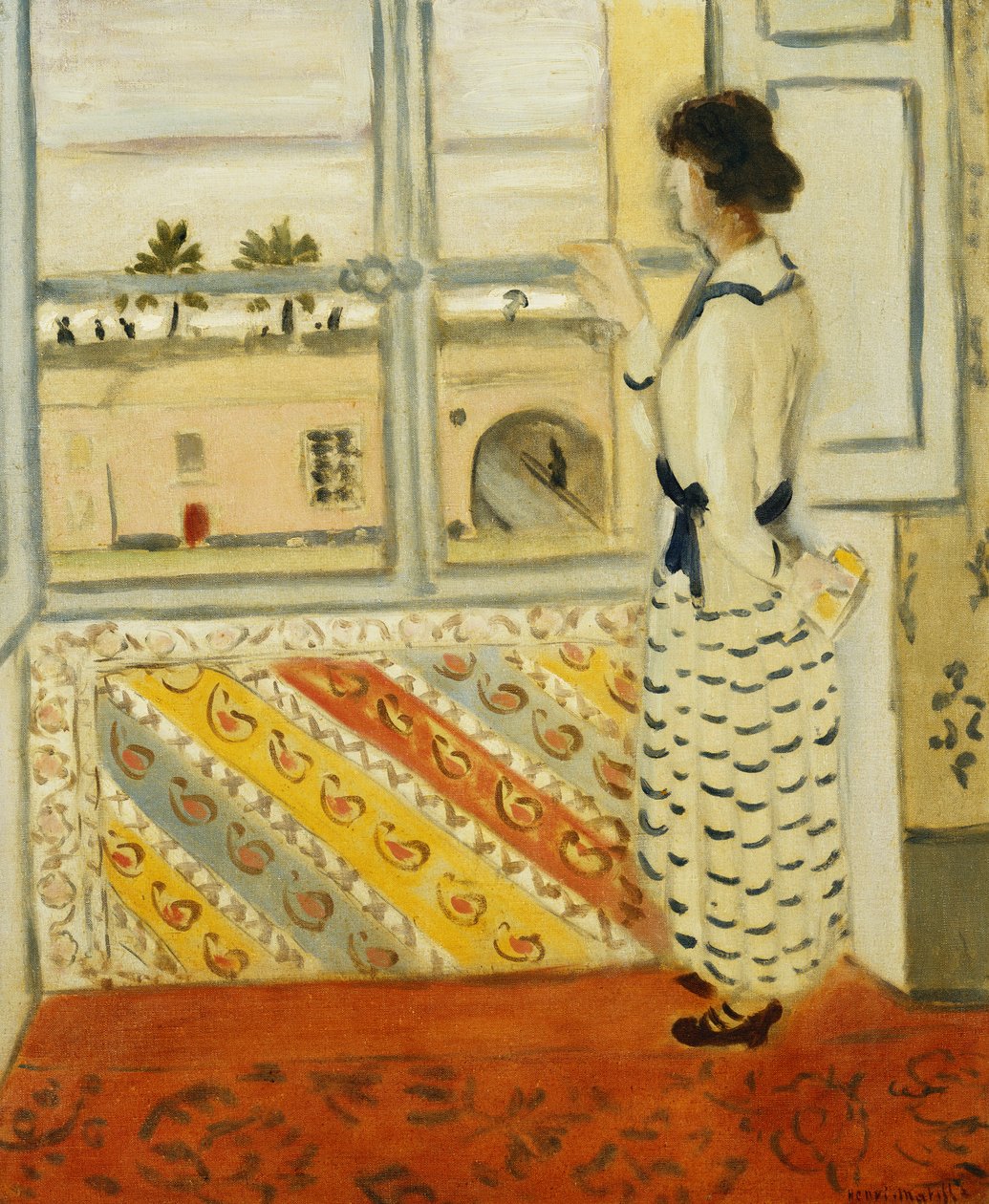 Mladá žena u okna, modré pruhované šaty od Henri Matisse
