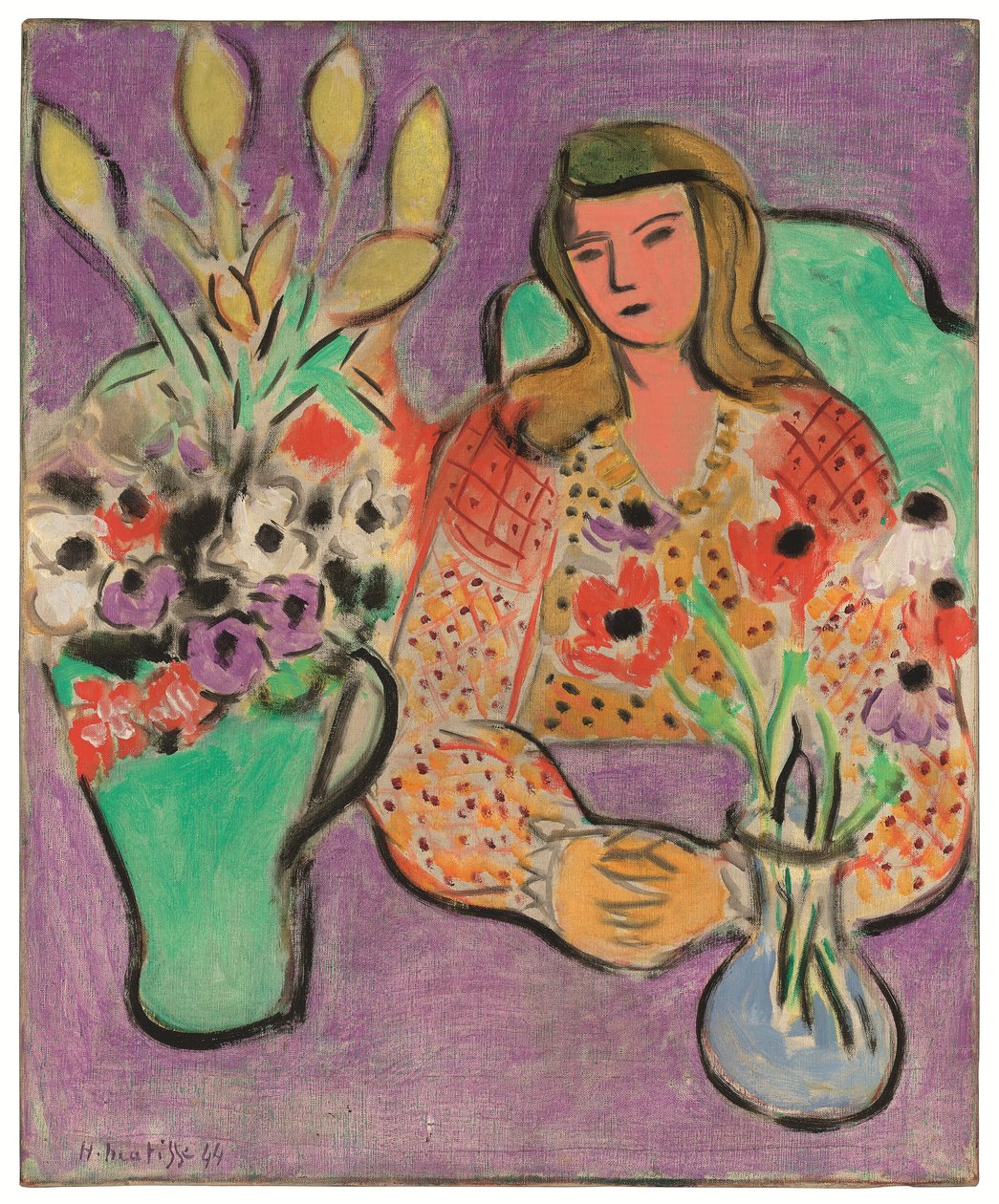 Mladá žena s sasankami na fialovém pozadí od Henri Matisse